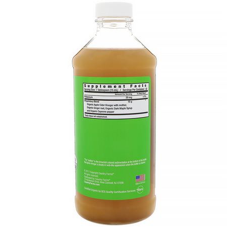 清潔, 排毒: Country Farms, Organic, Apple Cider Vinegar with Ginger, Cayenne & Maple, 16 fl oz (473 ml)