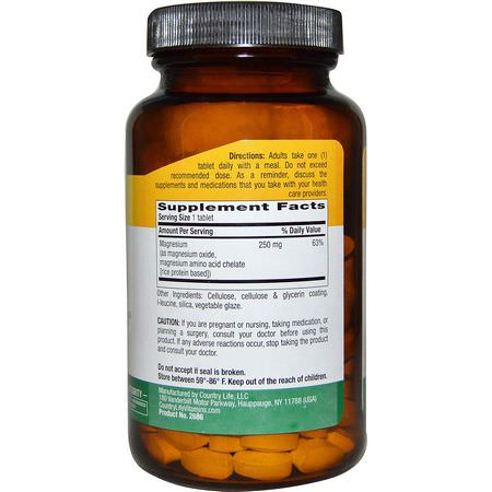 鎂, 礦物質: Country Life, Chelated Magnesium, 250 mg, 180 Tablets