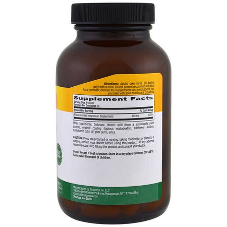 鎂, 礦物質: Country Life, Chelated Magnesium Glycinate, 400 mg, 90 Tablets