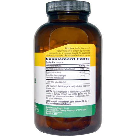氨基酸: Country Life, L-Arginine L-Ornithine Hydrochloride Caps, 1000 mg, 180 Capsules