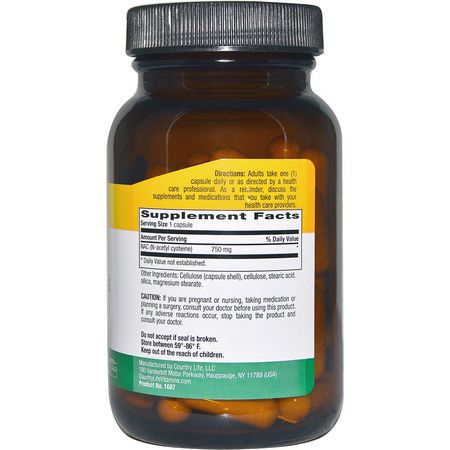 N-乙酰半胱氨酸NAC, 抗氧化劑: Country Life, NAC, N-Acetyl Cysteine, 750 mg, 60 Veggie Caps