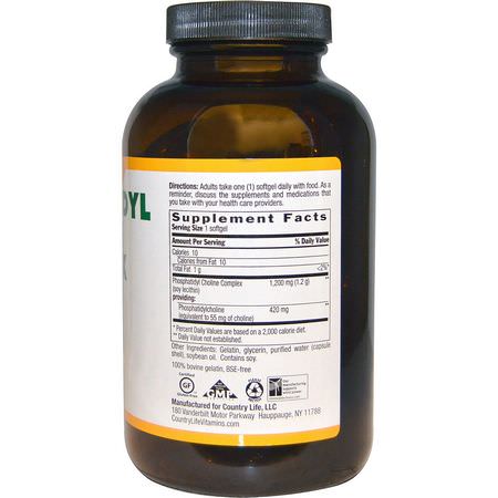磷脂酰膽鹼, 磷脂: Country Life, Phosphatidyl Choline Complex, 1200 mg, 200 Softgels