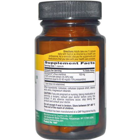 碧蘿ogen, 松樹皮提取物: Country Life, Pycnogenol, 100 mg, 30 Veggie Caps