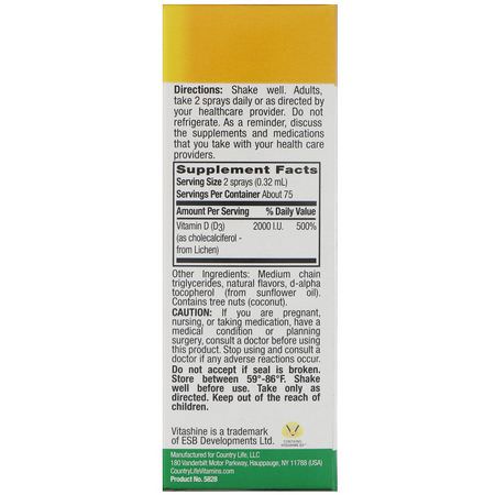 D3膽鈣化固醇, 維生素D: Country Life, Vitamin D3 Spray, Vanilla Bean Flavor, 2,000 I.U. (50 mcg), 150 Ingestible Sprays, 0.81 fl oz (24 ml)