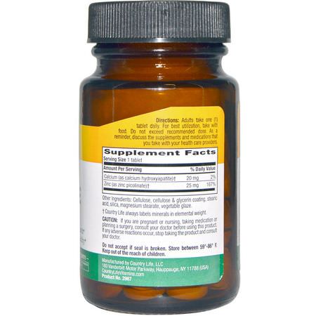 流感, 咳嗽: Country Life, Zinc Picolinate, 25 mg, 100 Tablets