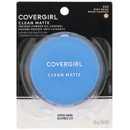 定型噴霧, 粉末: Covergirl, Clean Matte, Pressed Powder, 525 Buff Beige, .35 oz (10 g)
