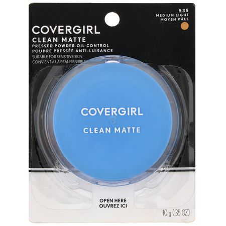 定型噴霧, 粉末: Covergirl, Clean Matte, Pressed Powder, 535 Medium Light, .35 oz (10 g)