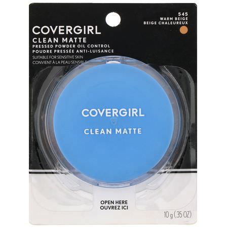 定型噴霧, 粉末: Covergirl, Clean Matte, Pressed Powder, 545 Warm Beige, .35 oz (10 g)