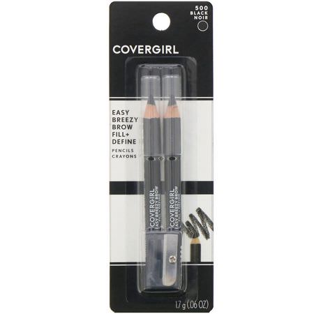 眉毛, 眼睛: Covergirl, Easy Breezy, Brow Fill + Define Pencils, 500 Black, 0.06 oz (1.7 g)