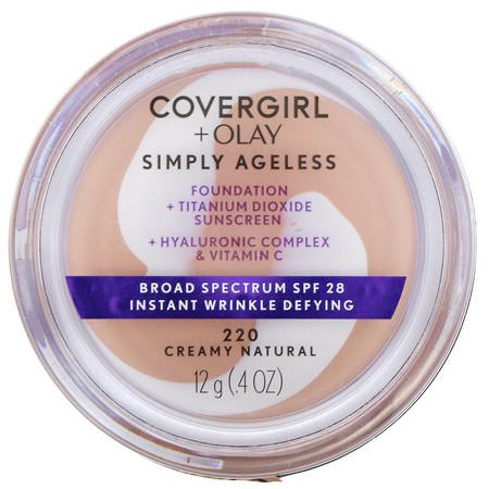 基礎, 臉部: Covergirl, Olay Simply Ageless Foundation, 220 Creamy Natural, .4 oz (12 g)