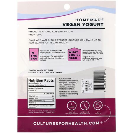 醋, 油: Cultures for Health, Vegan Yogurt, 4 Packets, .06 oz (1.6 g)