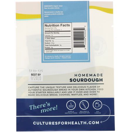 包裝, 麵包: Cultures for Health, Sourdough, Whole Wheat, 1 Packet, .13 oz (3.7 g)