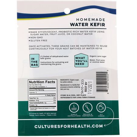牛奶, 椰子汁: Cultures for Health, Water Kefir, 1 Packet, .19 oz (5.4 g)