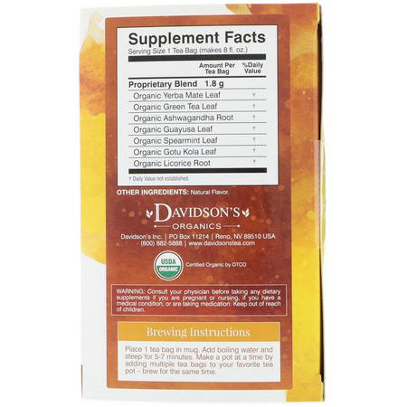 藥用茶, 涼茶: Davidson's Tea, Organic, Ayurvedic Infusions, Energize, 25 Tea Bags, 1.58 oz (45 g)