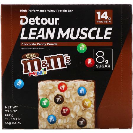 乳清蛋白棒, 蛋白棒: Detour, Lean Muscle Bar, Chocolate Candy Crunch M&M's, 12 Bars, 1.9 oz (55 g)