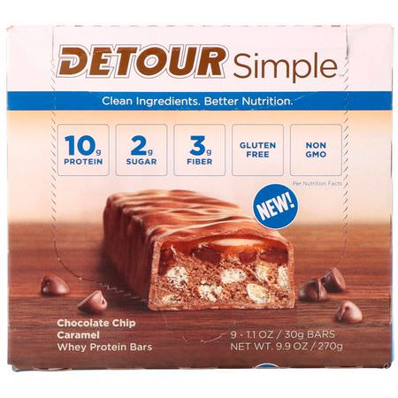 乳清蛋白棒, 蛋白棒: Detour, Simple, Whey Protein Bars, Chocolate Chip Caramel, 9 Bars, 1.1 oz (30 g) Each