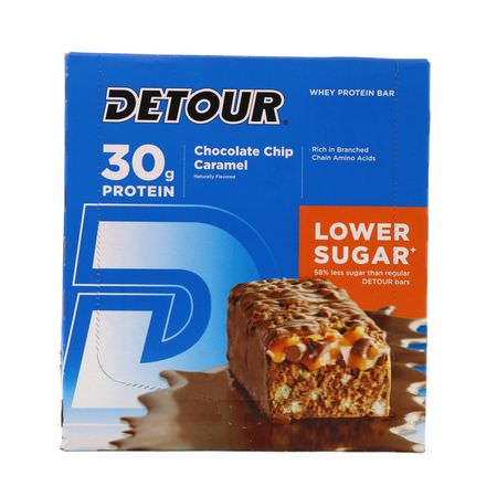 乳清蛋白棒, 蛋白棒: Detour, Whey Protein Bar, Chocolate Chip Caramel, 12 Bars, 3 oz (85 g) Each