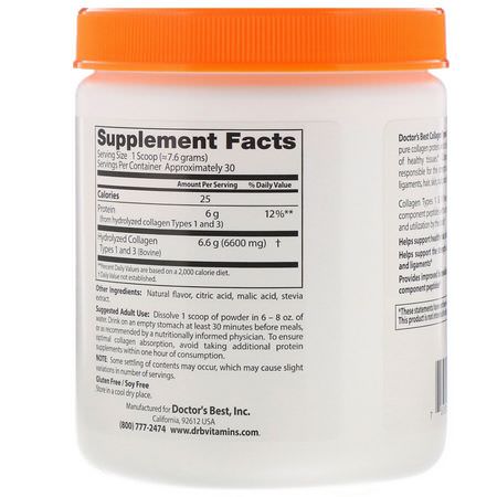 膠原蛋白補品, 關節: Doctor's Best, Collagen, Types 1 and 3 Powder, Peach Flavored, 8.1 oz (228 g)