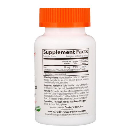 鐵, 礦物質: Doctor's Best, High Absorption Iron With Ferrochel, 27 mg, 120 Tablets