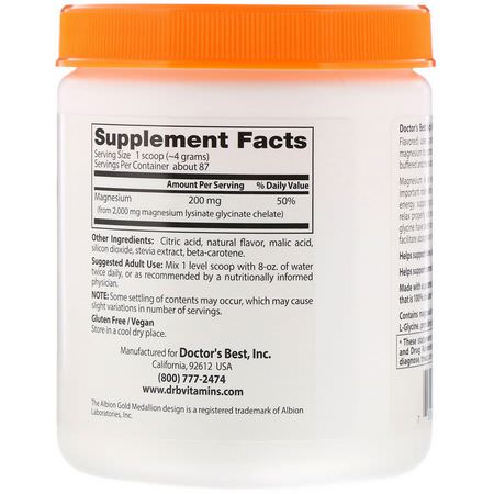 鎂, 礦物質: Doctor's Best, High Absorption Magnesium Powder 100% Chelated with Albion Minerals, Peach Flavored, 12.3 oz (347 g)