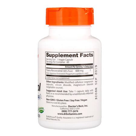 白藜蘆醇, 抗氧化劑: Doctor's Best, High Potency Trans-Resveratrol, 600 mg, 60 Veggie Caps