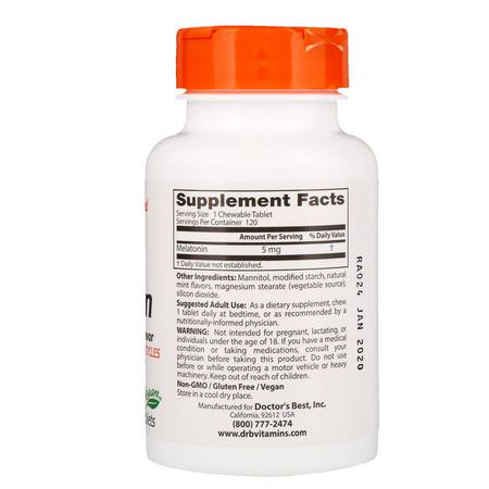 褪黑激素, 睡眠: Doctor's Best, Melatonin, Natural Mint Flavor, 5 mg, 120 Chewable Tablets