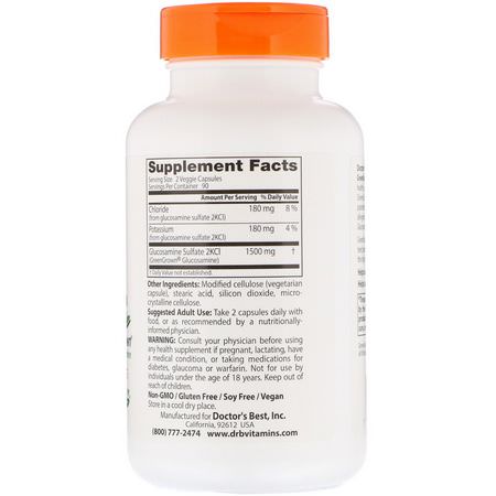 關節葡萄糖: Doctor's Best, Vegan Glucosamine Sulfate with GreenGrown Glucosamine, 750 mg, 180 Veggie Caps