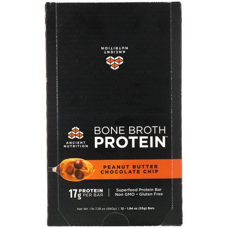 關節骨湯: Dr. Axe / Ancient Nutrition, Bone Broth Protein Bar, Peanut Butter Chocolate Chip, 12 Bars, 1.94 oz (55 g) Each