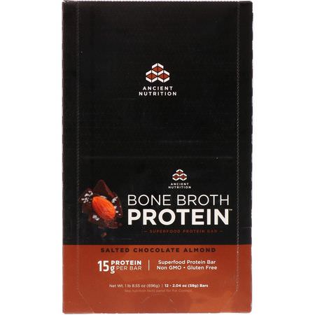 乳清蛋白棒, 蛋白棒: Dr. Axe / Ancient Nutrition, Bone Broth Protein Bar, Salted Chocolate Almond, 12 Bars, 2.04 oz (58 g) Each