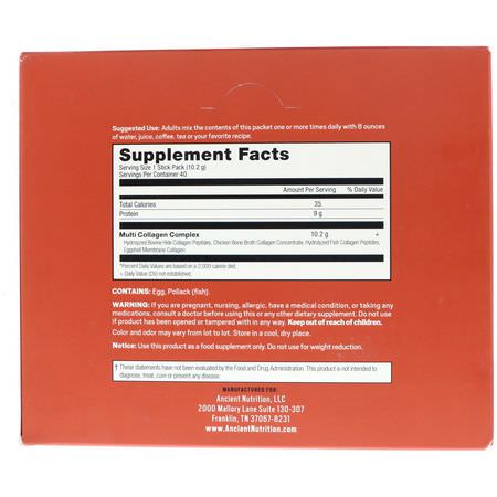 膠原蛋白補充劑, 關節: Dr. Axe / Ancient Nutrition, Multi Collagen Protein, 40 Single Stick Packets, 14.4 oz (408 g)