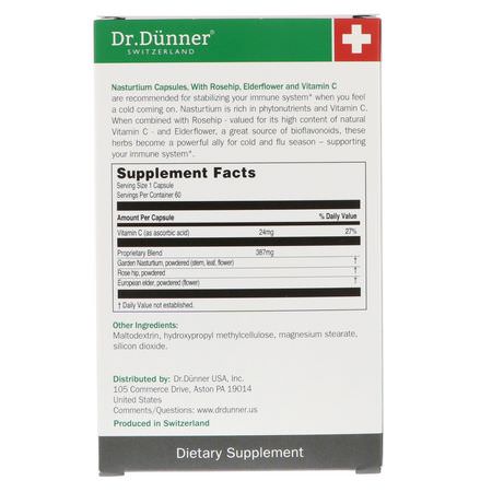 免疫, 流感: Dr. Dunner, USA, Nasturtium Capsules, With Rosehip, Elderflower and Vitamin C, 60 Vegan Capsules