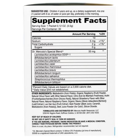 兒童益生菌, 健康: Dr. Mercola, Complete Probiotics Powder Packets for Kids, Natural Raspberry Flavor, 30 Packets, 0.12 oz (3.5 g) Each