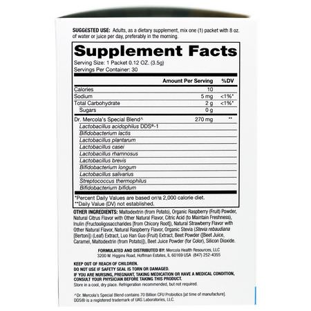 益生菌, 消化: Dr. Mercola, Complete Probiotics Powder Packets, Natural Raspberry Flavor, 30 Packets, 0.12 oz (3.5 g) Each