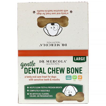 寵物牙科保健, 寵物健康: Dr. Mercola, Gentle Dental Chew Bone, Large, For Dogs, 12 Bones, 1.97 oz (56 g) Each