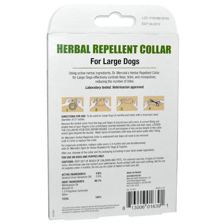 蝨子防禦, 跳蚤: Dr. Mercola, Herbal Repellent Collar for Large Dogs, One Collar, 1.5 oz (42.52 g)