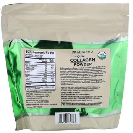 膠原補充劑, 關節: Dr. Mercola, Organic Collagen Powder From Grass Fed Beef Bone Broth, Chocolate, 14.81 oz (420 g)