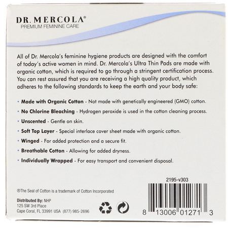 一次性護墊, 女性護墊: Dr. Mercola, Organic Cotton Ultra Thin Pads, Daytime with Wings, 10 Pads