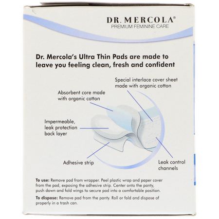 一次性墊, 女性護墊: Dr. Mercola, Organic Cotton Ultra Thin Pads, Nighttime with Wings, 10 Pads