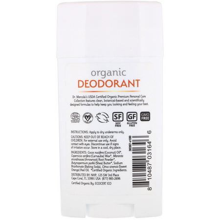 浴缸除臭劑: Dr. Mercola, Organic Deodorant, Sweet Orange, 2.5 oz (70.8 g)