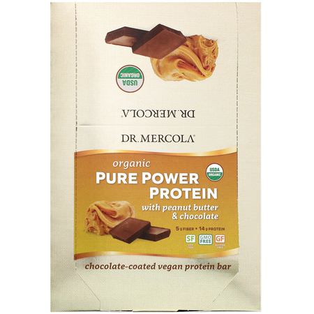 基於植物的蛋白質棒, 蛋白棒: Dr. Mercola, Organic Pure Power Protein, Peanut Butter & Chocolate, 12 Bars, 1.83 oz (52 g) Each