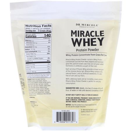 乳清蛋白, 運動營養: Dr. Mercola, Premium Nutrition, Miracle Whey, Protein Powder, Vanilla, 1 lb (454 g)