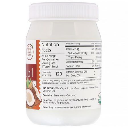 椰子油, 椰子補品: Dr. Murray's, Organic Virgin Coconut Oil, Expeller-Pressed & Unrefined, 16 fl oz (473 ml)