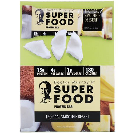 乳清蛋白棒, 蛋白棒: Dr. Murray's, Superfood Protein Bars, Tropical Smoothie Dessert, 12 Bars, 2.05 oz (58 g) Each