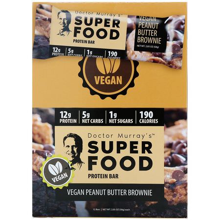基於植物的蛋白質棒, 蛋白質棒: Dr. Murray's, Superfood Protein Bars, Vegan Peanut Butter Brownie, 12 Bars, 2.05 oz (58 g) Each