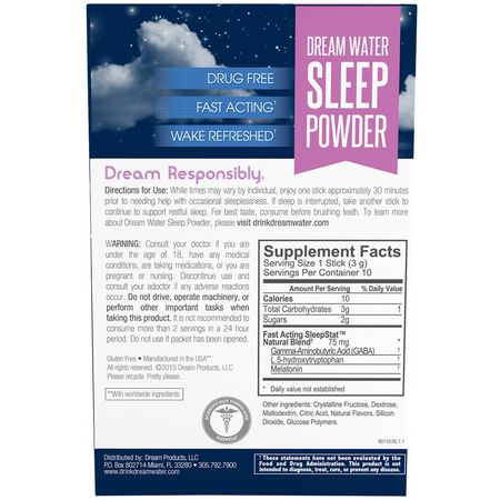 睡眠, 補品: Dream Water, Sleep Powder, Snoozeberry, 10 Sticks, 3 g Each