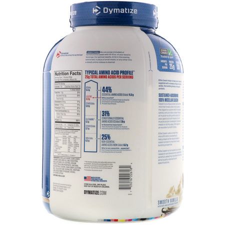 膠束酪蛋白蛋白, 運動營養: Dymatize Nutrition, Elite Casein, Smooth Vanilla, 4 lb (1.8 kg)