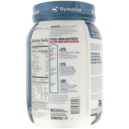 乳清蛋白, 運動營養: Dymatize Nutrition, ISO 100 Hydrolyzed, 100% Whey Protein Isolate, Cookies & Cream, 1.6 lbs (725 g)