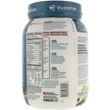 乳清蛋白, 運動營養: Dymatize Nutrition, ISO 100 Hydrolyzed, 100% Whey Protein Isolate, Gourmet Vanilla, 1.6 lbs (725 g)