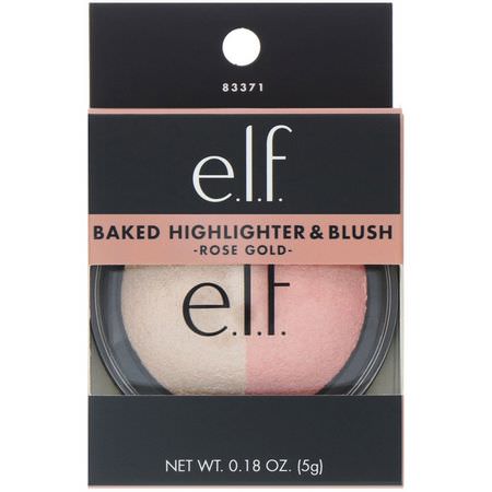 熒光筆, 腮紅: E.L.F, Baked Highlighter & Blush, Rose Gold, 0.18 oz (5 g)