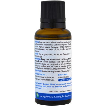 迷迭香油, 清潔: Earth's Care, Rosemary Oil, 1 fl oz (30 ml)